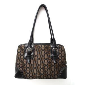 Fossil Black and Tan Print Woven Cloth and Leather Handbag